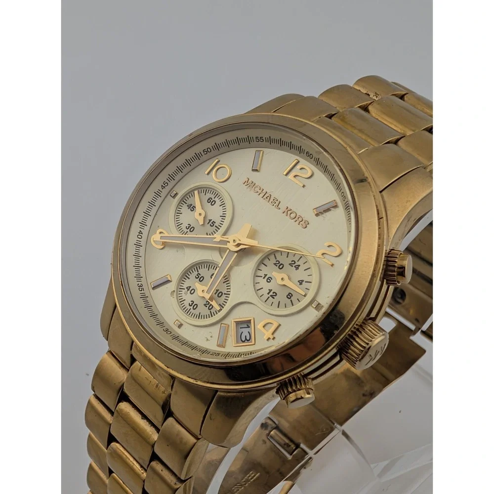 Michael Kors Runway MK-5055 Womens Watch 37mm Gold Chronograph- New Battery